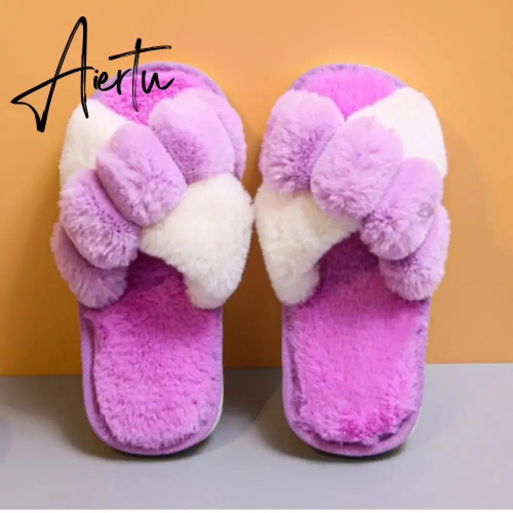 Aiertu Classic Design Women Winter House Furry Slippers Fluffy Faux Fur Home Slides Flat Fashion Indoor Floor Shoes Ladies Flip Flops