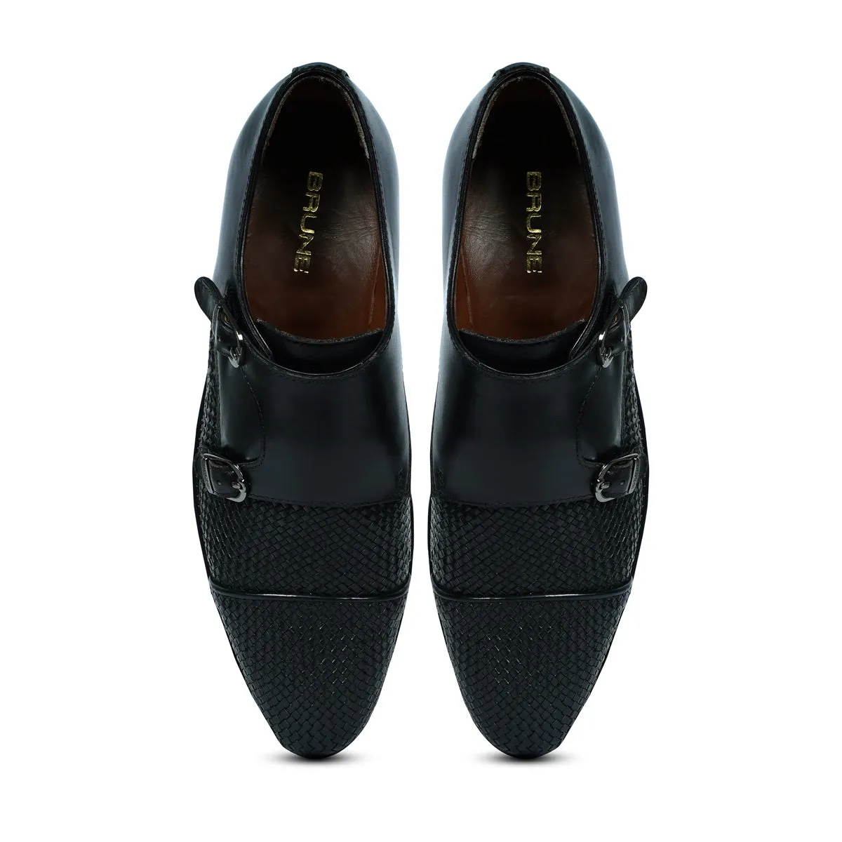 Black Double Monk Leather Shoe with Toe To Quarter Weaved Detailing