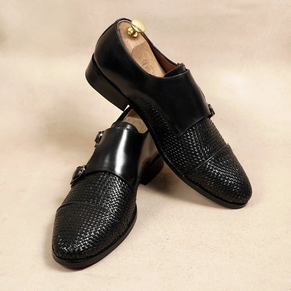 Black Double Monk Leather Shoe with Toe To Quarter Weaved Detailing