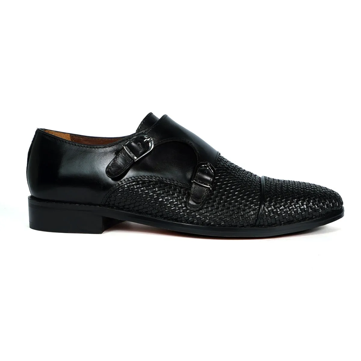 Black Double Monk Leather Shoe with Toe To Quarter Weaved Detailing