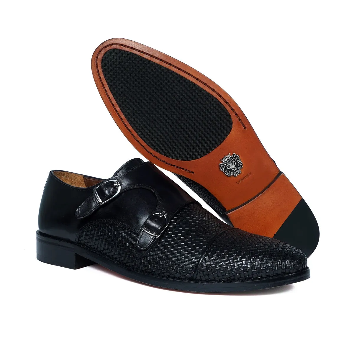 Black Double Monk Leather Shoe with Toe To Quarter Weaved Detailing