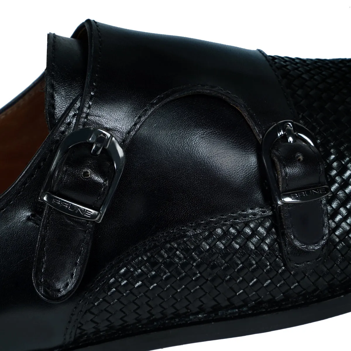 Black Double Monk Leather Shoe with Toe To Quarter Weaved Detailing