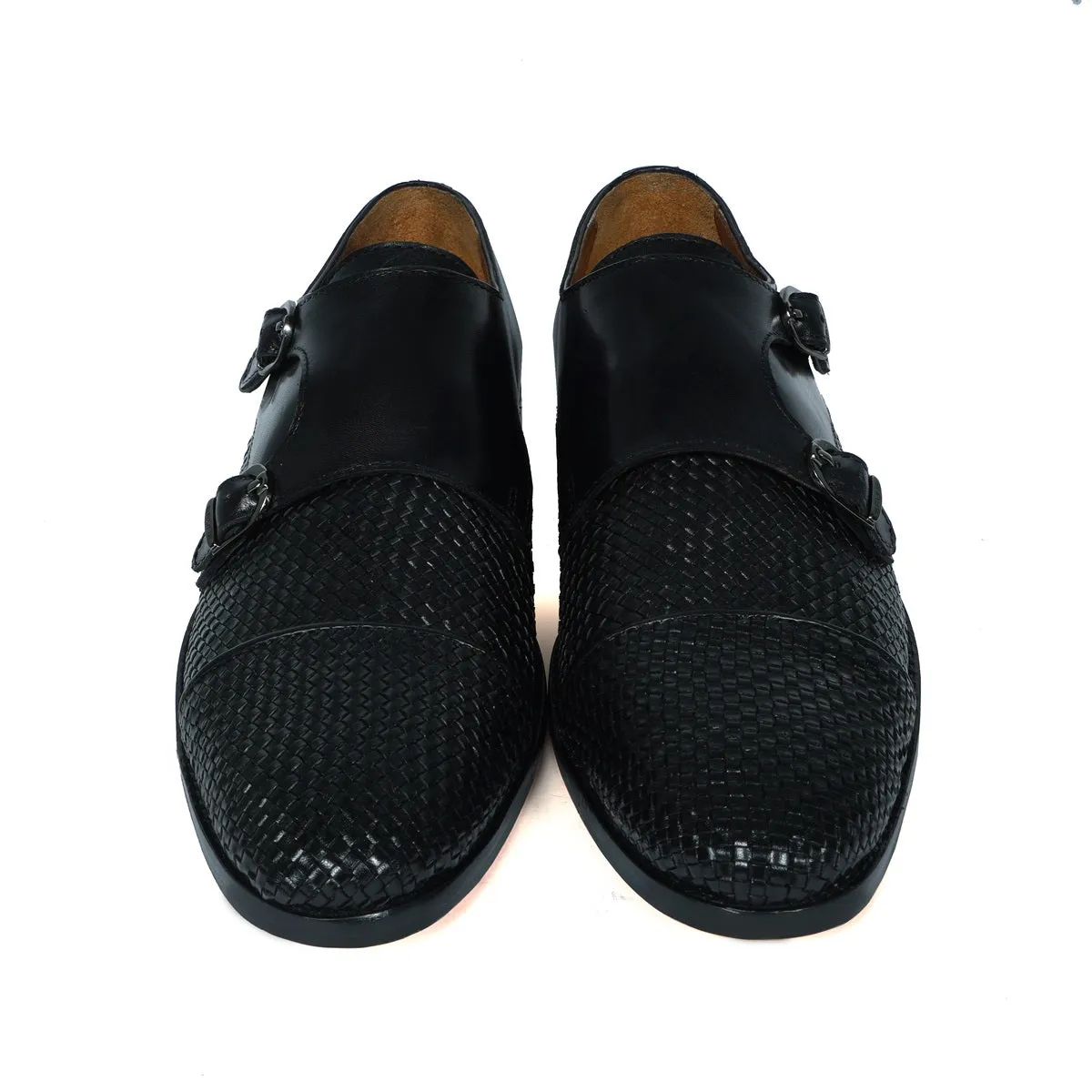 Black Double Monk Leather Shoe with Toe To Quarter Weaved Detailing