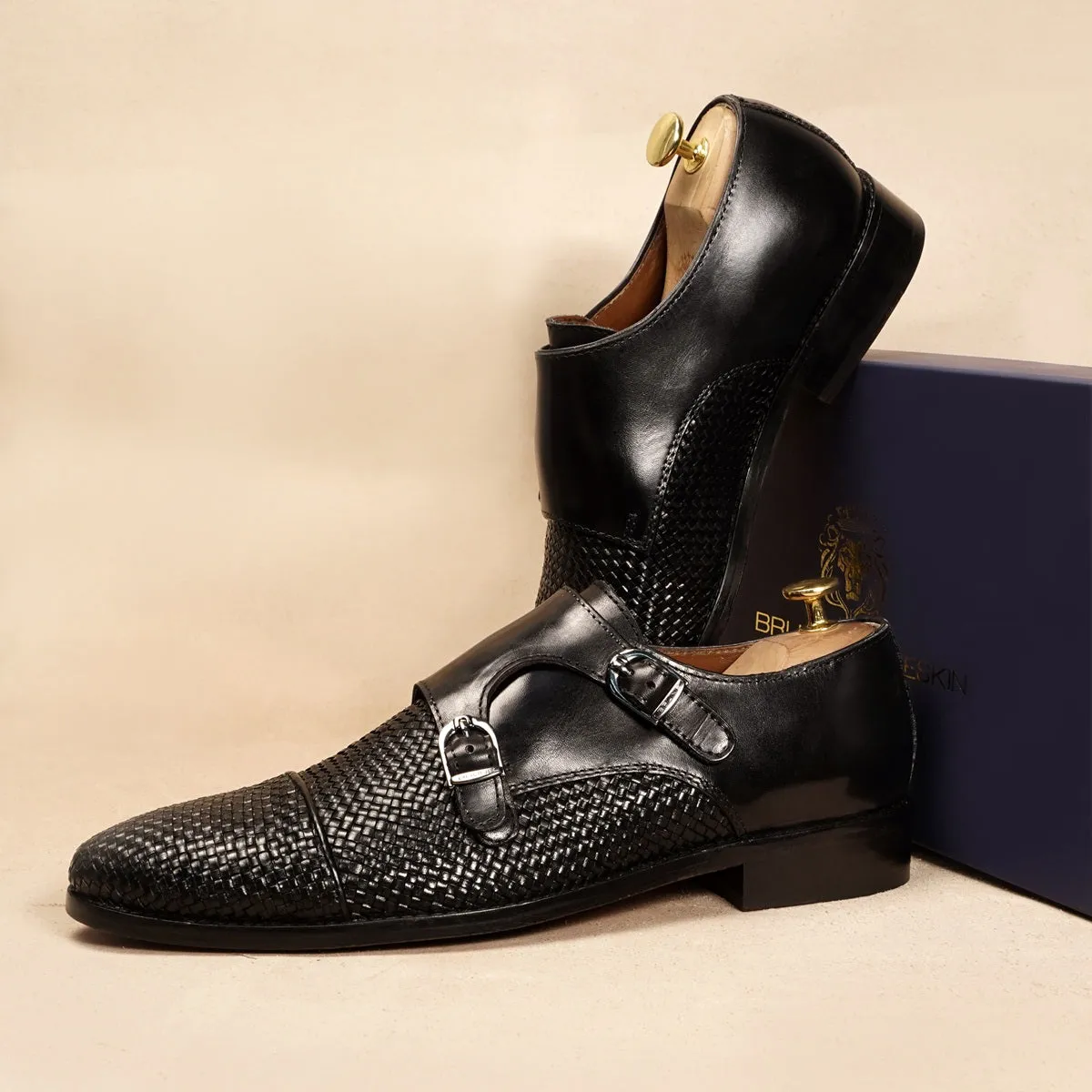 Black Double Monk Leather Shoe with Toe To Quarter Weaved Detailing