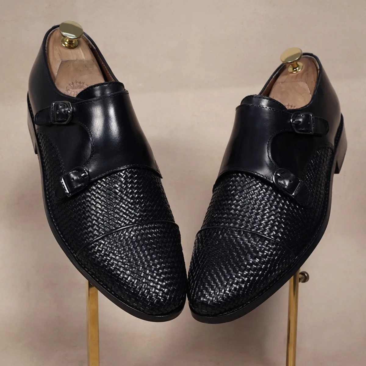 Black Double Monk Leather Shoe with Toe To Quarter Weaved Detailing