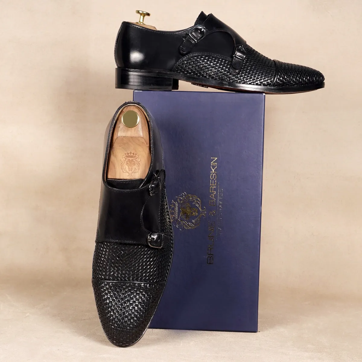 Black Double Monk Leather Shoe with Toe To Quarter Weaved Detailing