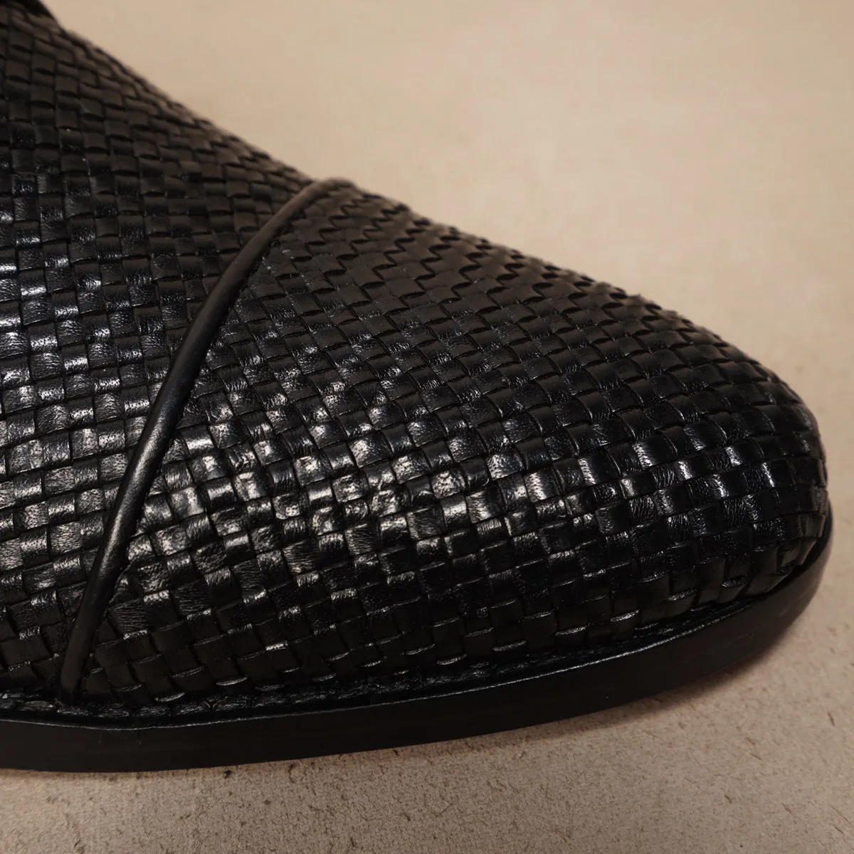 Black Double Monk Leather Shoe with Toe To Quarter Weaved Detailing
