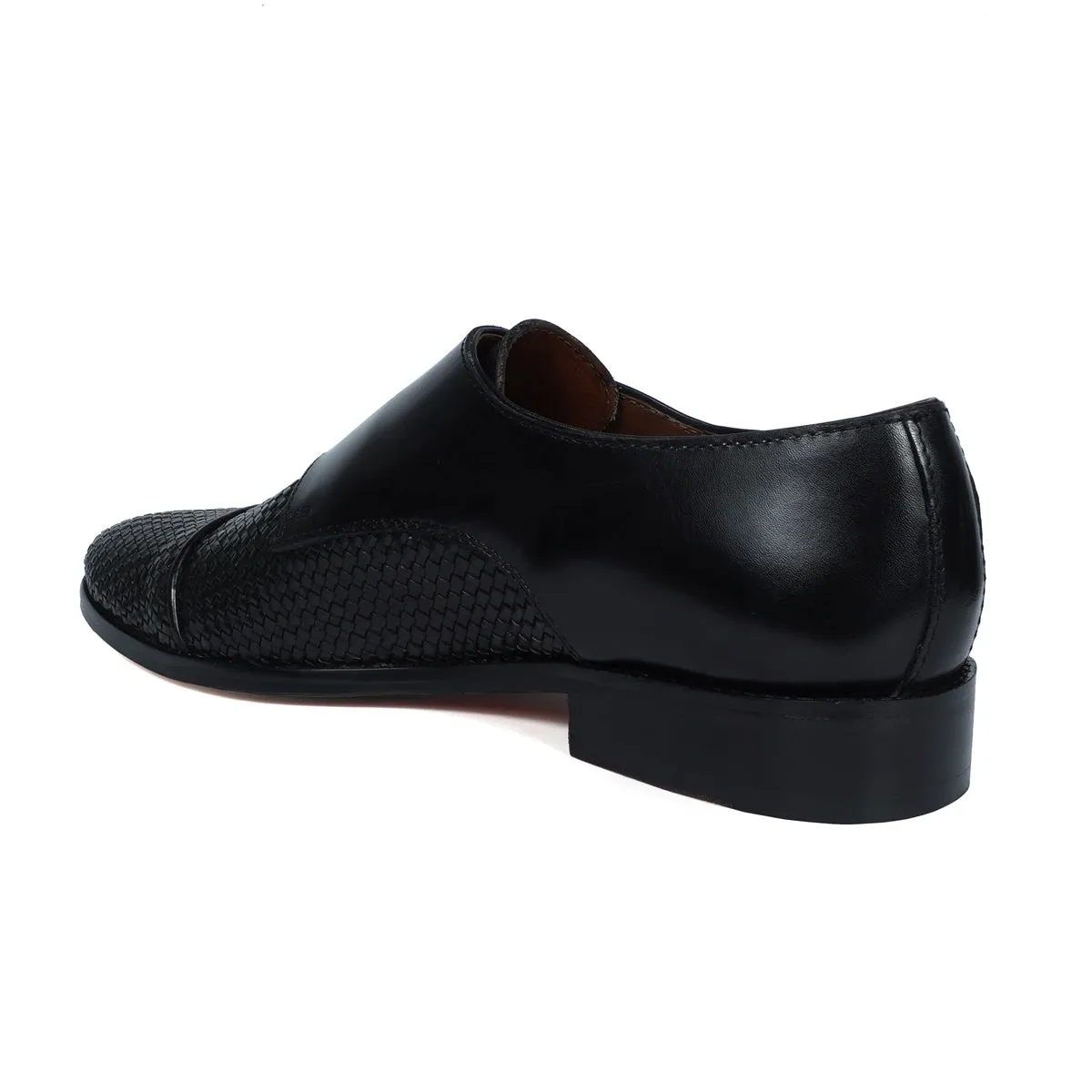 Black Double Monk Leather Shoe with Toe To Quarter Weaved Detailing
