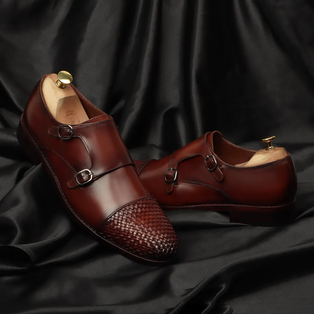 Dark Brown Contrasting Cap Toe Leather Woven Detailed Double Monk With Leather Sole Shoes By Brune & Bareskin