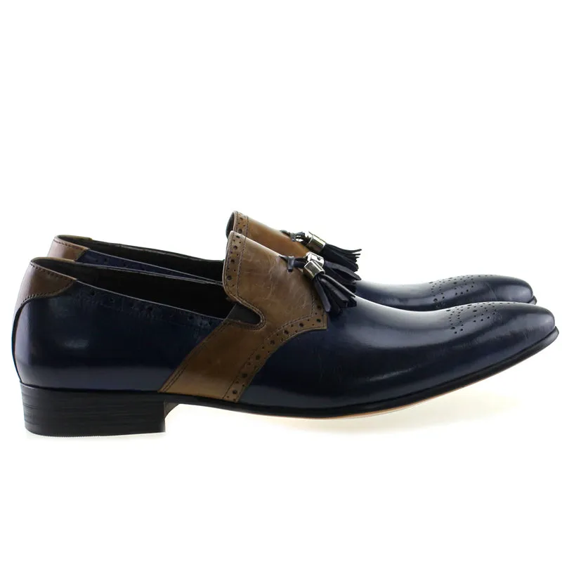 Dual Tone Patchwork Brogue Loafers Shoes With Tassels