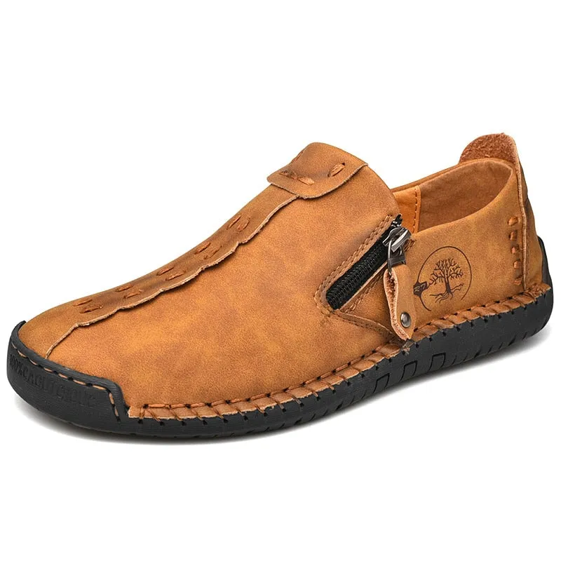 Hnzxzm Handmade Leather Men Shoes Zipper Casual Loafers Quality Leather Shoes Men Flats Hot Sale Moccasins Tooling Shoes Plus Size