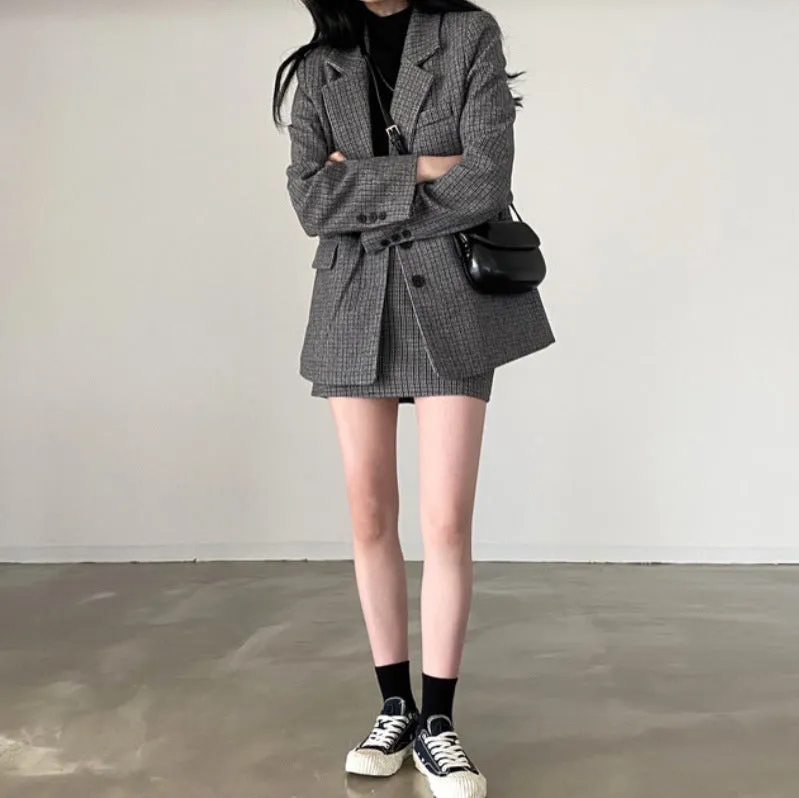 Joskaa Formal Skirt Suits For Women Office Lady Blazer And Skirt Set Plaid Women's Skirt Blazer Set SLIM  Patchwork Winter  Skirt Suits