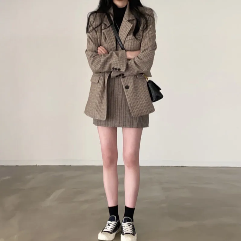 Joskaa Formal Skirt Suits For Women Office Lady Blazer And Skirt Set Plaid Women's Skirt Blazer Set SLIM  Patchwork Winter  Skirt Suits