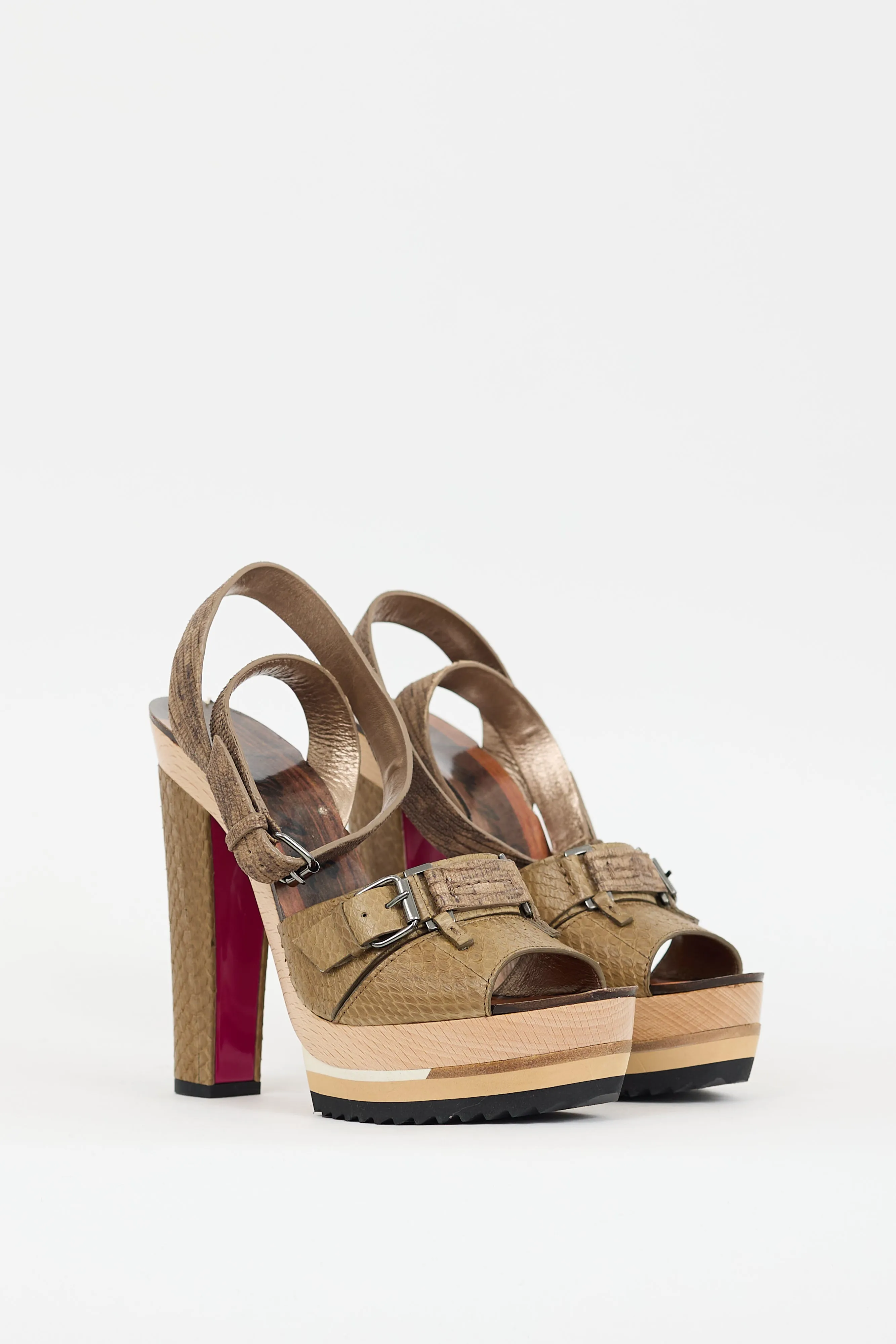 Khaki Green & Multicolour Textured Leather Platform Heel