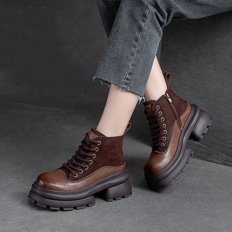 Women Retro Patchwork Leather Furred Chunky Platform Boots