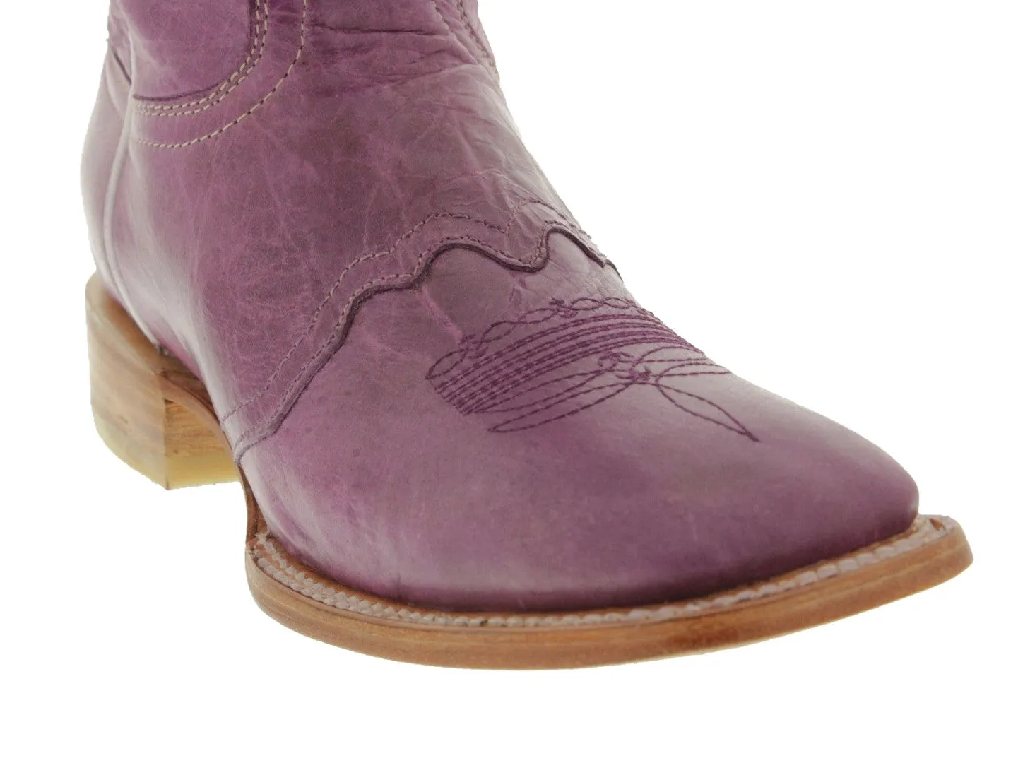 Womens MC560 Purple Stitched Leather Cowboy Boots Square Toe